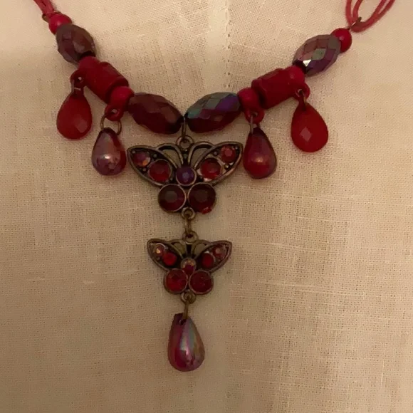 Garnet Colored Beaded Butterfly Necklace - Picture 1 of 3